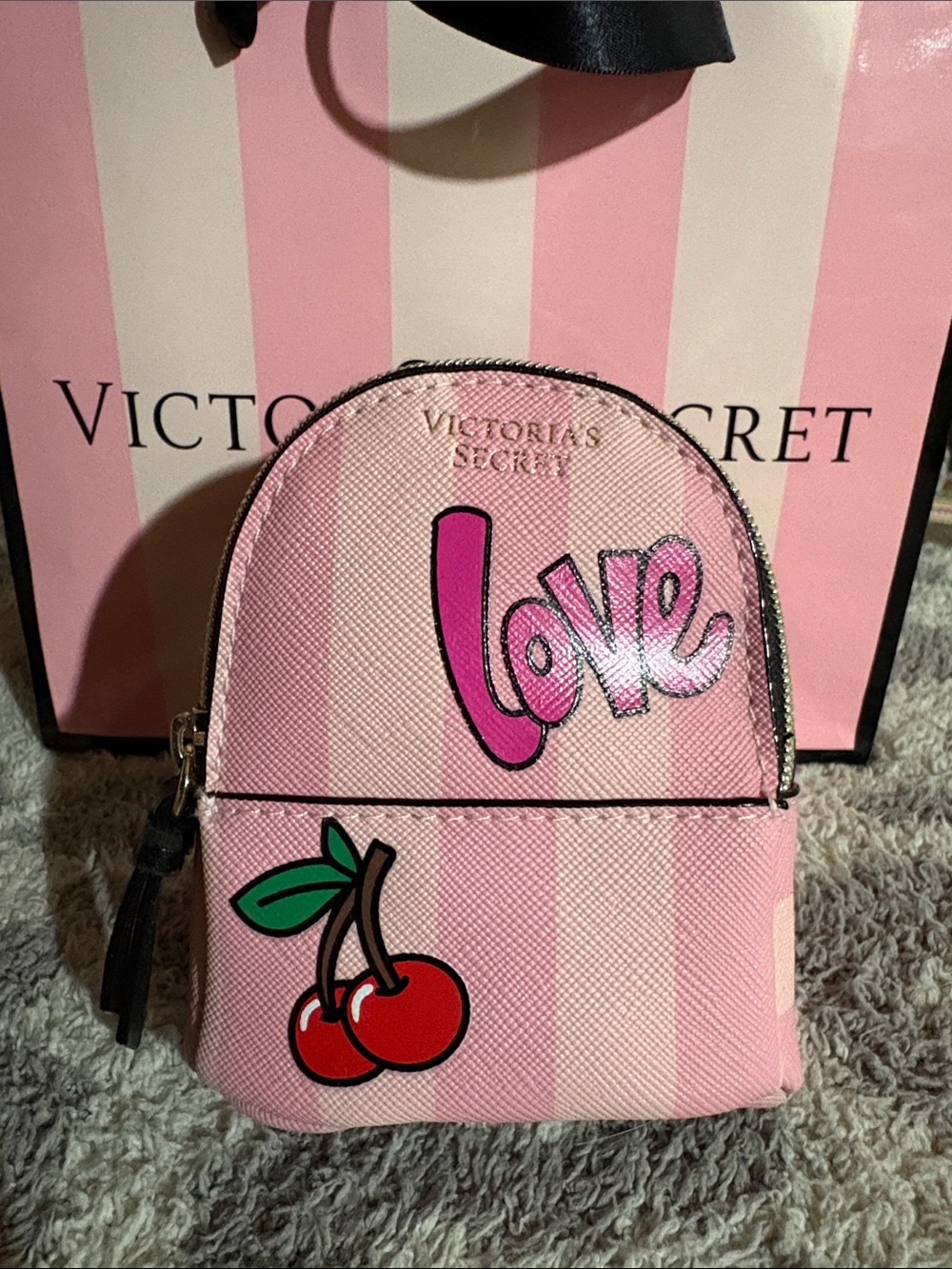 Victoria's Secret Pink Mini Backpack Bag Charm Cherry & 'Love' Graphic